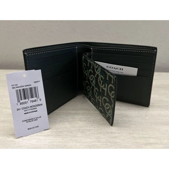 COACH Mens 3n1 Wallet/Card Case Printed Coated Canvas Monogram Amazon Green - Picture 7 of 12